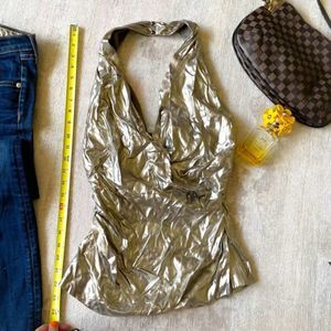 Nicole Miller God Label Slinky Gold Metallic Designer Halter Top NEW